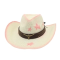 Close-up of cowboy straw hat featuring pink star print and vintage golden bull head buckle - Bull Head Decorative Band + Wind Rope / Pink