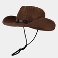 Detail of cross-stitched leather band and metal buckle on breathable straw Panama hat - One Size / Coffee