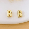 Minimalist 18K gold plated copper earring pair featuring a polished letter R charm - Gold Letter R