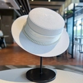 Cappello di paglia bianco con fascia di perle e nastro di seta per il mare - Cappello di Paglia Perla Artificiale Bianco Crema (D-438)