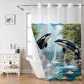 Detail of waterproof shower curtain featuring artistic orca and lily pad design in bathroom - 181x188cm Single Shower Curtain / Orca Water Lily