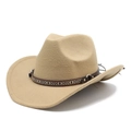 Beige wool felt western cowboy hat featuring ethnic woven band and metal buckle accents - M (56-58cm) / Camel