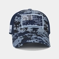 Detailed view of tactical camouflage baseball cap with USA flag embroidery and mesh back - Adjustable / Blue (Navy Digital Camo)