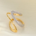 Exotic golden open ring with curved lines and pavé-set sparkling white cubic zirconia - Linear Wave
