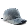 Distressed dark blue denim baseball cap with vintage frayed holes and adjustable strap - Blue