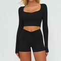 Set yoga da donna nero con top corto a maniche lunghe e pantaloncini a vita alta slim - Taglia S / Top E Pantaloni / Manica Lunga + Shorts / Nero