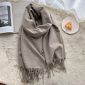 Beige cashmere-like knit scarf with tassels and wool blend texture for winter - 200*65cm / Heather Coffee
