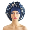Floral print midnight blue satin sleep bonnet with wide elastic headband - 10895 Navy Blue Floral