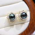 Elegant peacock green freshwater pearl earrings with sunburst diamond halo and gold plating - Dark Green Pearl Gold Base