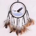 Dream catcher with soaring bald eagle print on black frame and brown feathers - Bald Eagle Single Ring Style (MS8082C)