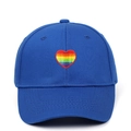 Blue cotton baseball cap featuring multi-color rainbow heart embroidery on the front - Adjustable / Sapphire Blue