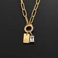 Gold stainless steel paperclip chain necklace with initial R tag and clear crystal pendant - Letter R