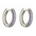 Detail of silver hoop earrings featuring double-sided purple cubic zirconia pavé stones - White Gold Purple Zirconia