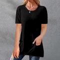Front detail of women's black crewneck T-shirt featuring two functional side pockets - S / Tops / Black