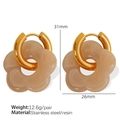 Golden stainless steel hoop earrings with beige resin flower charms, fashion jewelry - Brown