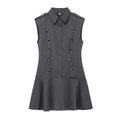 Deep grey sleeveless double-breasted dress with notched collar and ruffled hemline - S / Gray