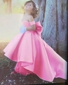 Pink satin flower girl dress with off-shoulder design and high-low hemline bow detail - Pink / 80cm