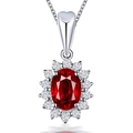Elegant silver necklace featuring an oval red gemstone pendant with a floral halo design - Red Diamond Tz-18 [with Box And Chain]