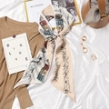 Elegant beige silk scarf with floral and architectural prints tied to a handbag - #397 Castle Milk Tea White