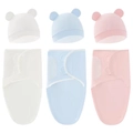 Newborn swaddle sleep sack with bear ear hat in white, light blue, and pink colors - Pink/White/Blue 3-Pack Swaddle + Hat Set
