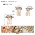 Dimensioni dettagliate e vista macro di tre pettini per capelli da sposa dorati con strass - Stile Floreale (HS-J7247G)