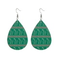Close-up of green teardrop leather earrings with elk patterns and festive floral stripes - Green Base Elk Floral Stripes