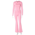 Detail view of pink long sleeve zip-up hoodie and matching high waist flared trousers set - XS / Pink