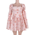 Close-up of pink rose floral print mini dress with square neck and puff sleeves detail - S / Pink