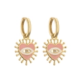 Close-up of gold hoop earrings with pink enamel heart and cubic zirconia evil eye detail - Pink Minimal Heart