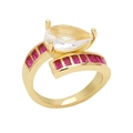 Elegant gold ring with a pear-cut clear zircon and channel-set rectangular red gemstones - Adjustable Open / Rose Red