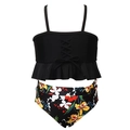 Kinder-Bikini Set mit schwarzem Volant-Oberteil und floraler High-Waist Badehose - 104 / Schwarz