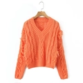 Orange V-neck chunky cable knit sweater with fringe details and long sleeves - S / Orange Red