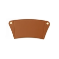 Flat lay detail of brown leather coffee cup sleeve with metal eyelets and stitching - Brown