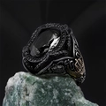 Retro adjustable men's copper ring with black oval gemstone and vintage relief engraving - Oxidized Silver Scale Black Stone