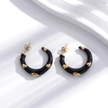 C-shaped chunky black heart hoop earrings with gold spikes in bohemian stainless steel - ER-713 Black Spiked C-Shaped Hoop Earrings