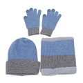 Detail of blue and grey knit winter set featuring touch screen gloves and fleece neck warmer - Sky Blue