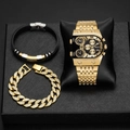 Golden multi-timezone watch set with rhinestone Cuban chain and silicone bracelet for men - 9315 Gold Black Bracelet Collection