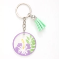 Acrylic flower keychain featuring purple hibiscus print and light green tassel detail - Purple Mallow Pattern (20475)