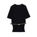 Women's black short sleeve knit cardigan with gold-buckle brown belt and buttons - S / Black
