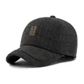 Men's wool blend baseball cap in charcoal grey plaid pattern with leather patch - Adjustable / Black