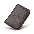 Deep brown crocodile textured leather card holder with secure golden zipper closure - Coffee Crocodile Pattern