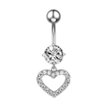 Detail of silver belly ring featuring a large clear crystal and a hollow heart pendant - Heart Pendant Style / Silver-Heart Dangle