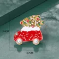 Christmas car brooch with green tree and pearl wheels in red enamel and crystals - Christmas Tree Car