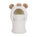 White teddy bear plush hooded scarf for kids with warm faux fur lining and knit face mask - Cream