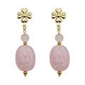 Elegant gold flower earrings with pink natural stone pendants and fringe details - Pink