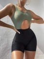 Detail of olive green and black color-block bodysuit with stylish waist cutout design - S / Olive Green