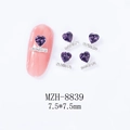 Detail view of purple heart nail rhinestones with silver base and dimensions 7.5x7.5mm - Deep Purple Style (8839)