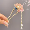 Épingle à cheveux élégante en U avec fleurs roses et longs glands de perles - Fleur de Pivoine Gland de Perle en Forme de U (13)