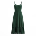 Dunkelgrünes Spaghettiträger-Kleid mit tailliertem Design und Volant-Saum auf Weiß - S / Dunkelgrün