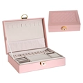 Pink double-layer jewelry organizer with lock, necklace hooks, and ring grooves shown open - Rhombic Single Layer / Pink